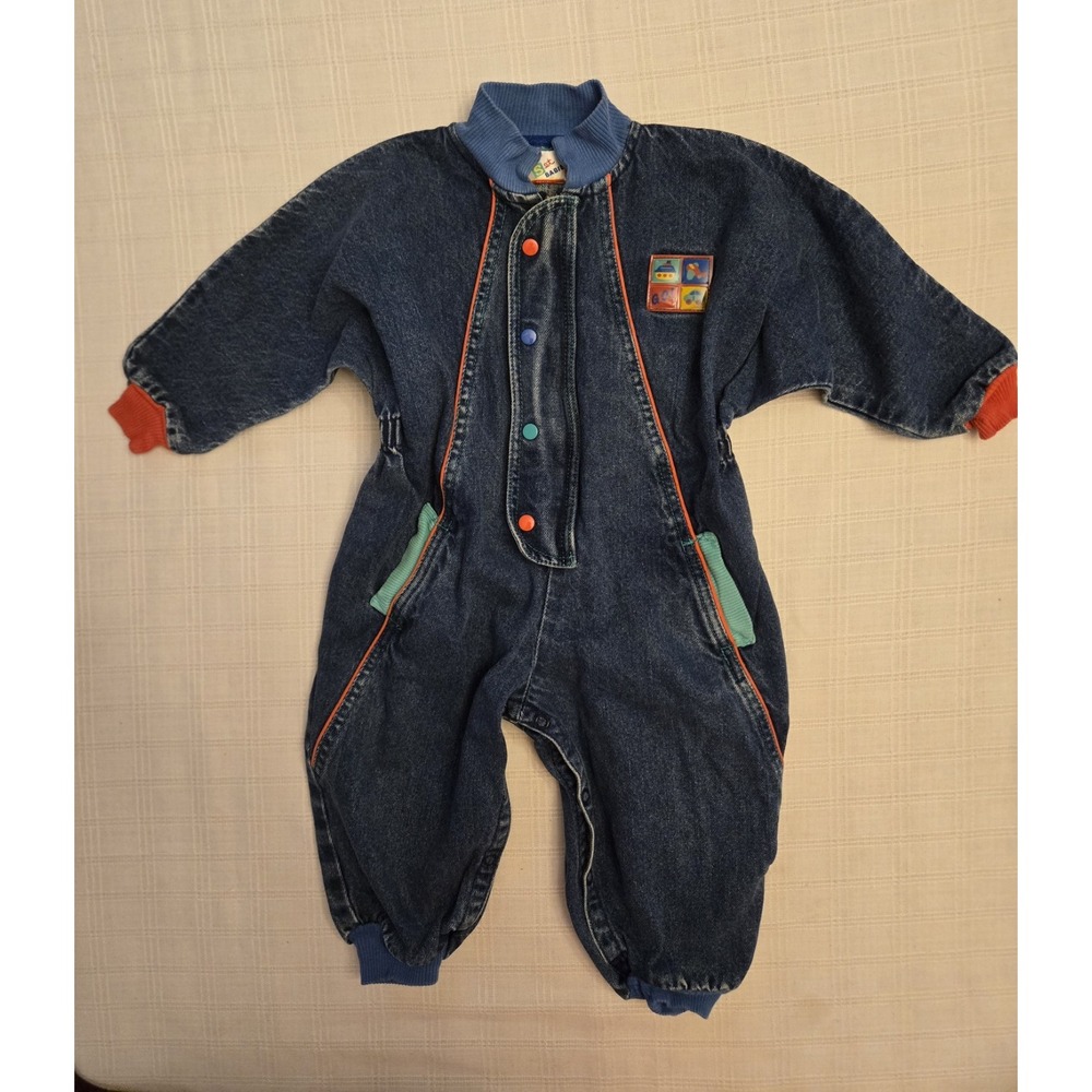 Vintage Jet Set Boys 24 Months Denim Romper Jumpsuit Airplane Cars Trucks EUC